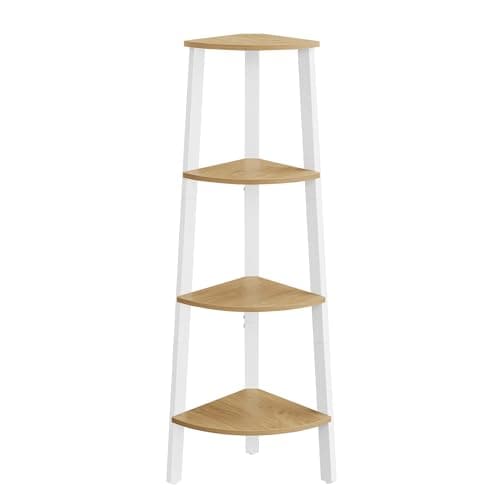 4-Tier Industrial Corner Shelf Stand for Living Room, Office, Kitchen - Natural Oak and Matte White