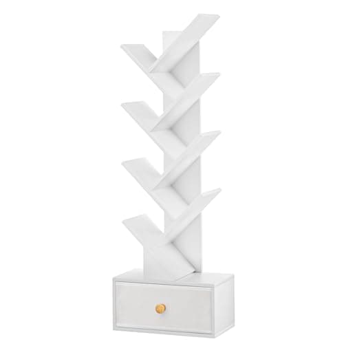 Natural 8-Tier Standing Wood Bookshelf with Drawer for Narrow Spaces
