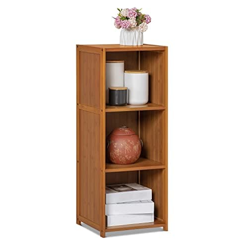 MoNiBloom Brown 3-Tier Bamboo Tall Standing Bookshelf for Living Room Storage