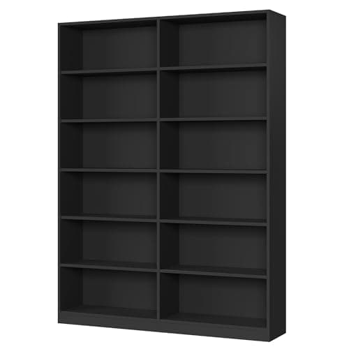 Double Wide 6-Tier Bookshelf, Tall Home Decor Bookcase, Black