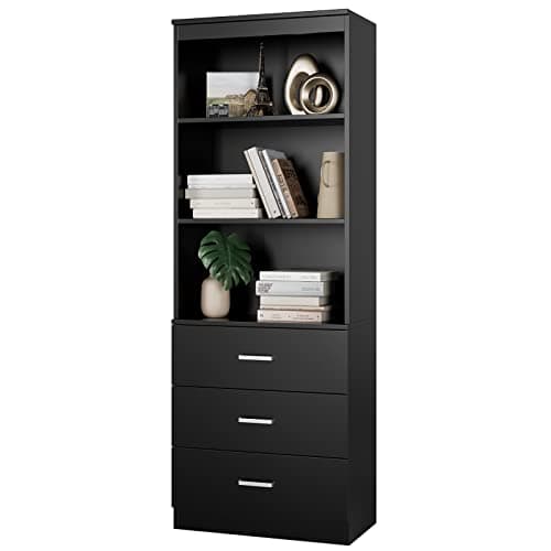 Fotosok 71" Tall Dark Grey Bookshelf with Drawers & 3-Tier Shelves for Home Office