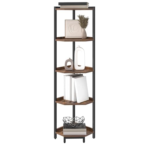 Rustic Brown 5-Tier Corner Shelf Stand, Storage Bookcase for Living Room, Home Office, Bedroom