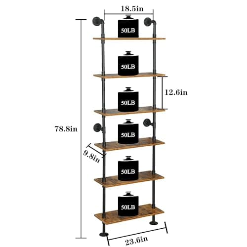 ZIOTHUM 23.6x9.8x78.7" Rustic Wood & Wrought Iron 6-Tier Shelf Loft Storage Bookcase