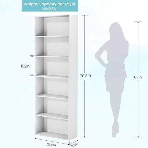 Tall 70.8" White Bookcase, 6-Tier Display Shelf for Living Room, Home Office