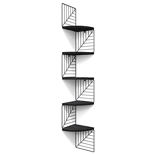 Love-KANKEI Carbonized Black 5-Tier Rustic Wood Wall Mount Corner Shelves