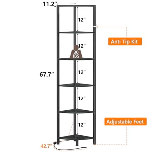 Furnulem 6 Tier LED Light Standing Shelf, 67.5” Tall, Black Narrow Bookshelf with Storage