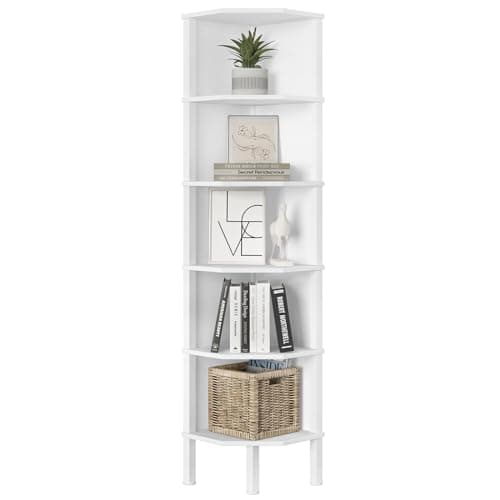 Wooden Corner Shelf for Small Spaces - White (6 Tier)
