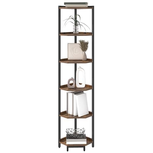6-Tier Rustic Brown Corner Shelf Stand for Living Room, Home Office, Bedroom (CS06001B)