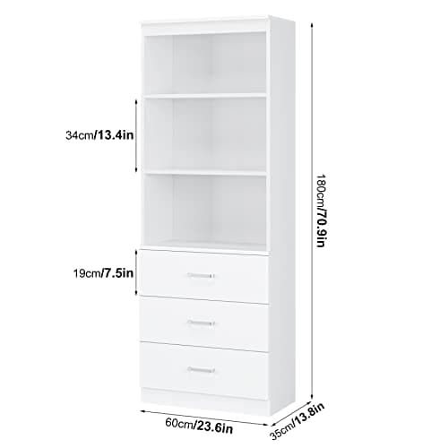 Fotosok 71" White Bookshelf with Drawers & 3-Tier Shelves for Home Office