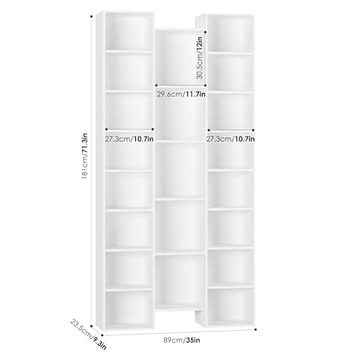 Fotosok 71” Tall Triple Wide White Bookshelf, 8 Tier Storage Tower, Home Office Display Cabinet