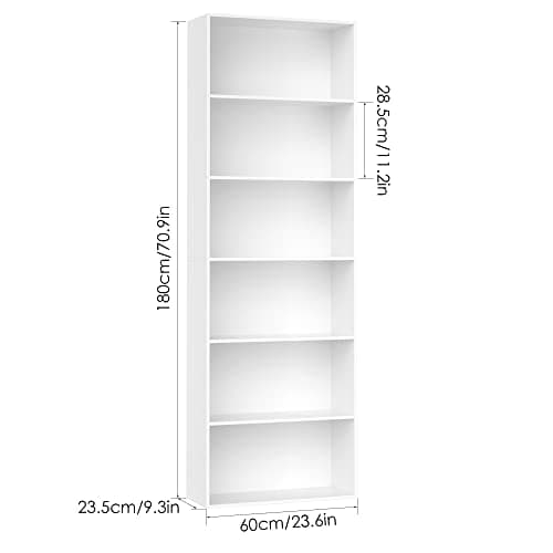 Fotosok 6-Tier White Open Bookshelf for Living Room, Bedroom, and Office