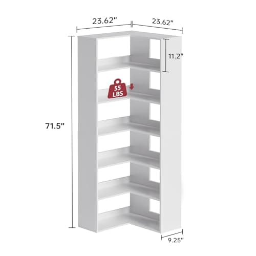 Oneinmil White Large Corner Bookshelf 6 Tiers with Baffles Storage Display Rack