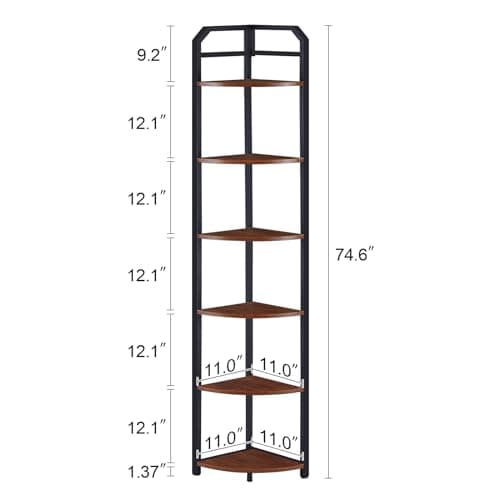 6-Tier Industrial Brown Corner Bookshelf for Home Office & Living Room