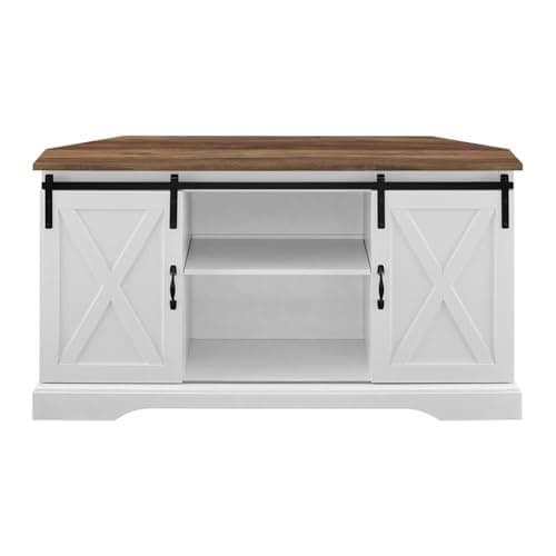 White Oak Finish Pemberly Row Wood Corner TV Stand with Sliding Doors & Adjustables