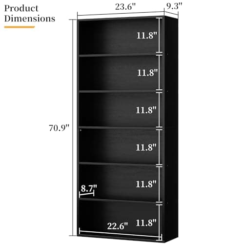 Shintenchi 6-Tier Black Floor Standing Bookcase, 70.6" Tall
