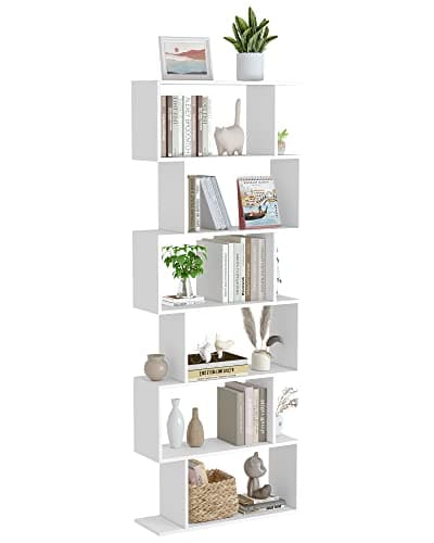 Yusong 5-Tier Geometric S-Shaped Bookshelf, Modern Rustic Brown Home Office Decor