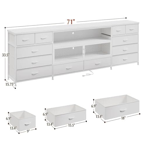 EnHomee 71" TV Stand for 85/80/75 Inch TVs with LED & Charging, Large White Console