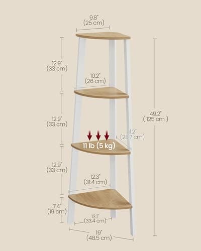 4-Tier Industrial Corner Shelf Stand for Living Room, Office, Kitchen - Natural Oak and Matte White