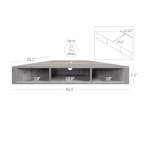 BELLEZE Gray Wash Russel 47 Inch Modern Corner Shelf - TV Console with 3 Shelves & Cable Cutout