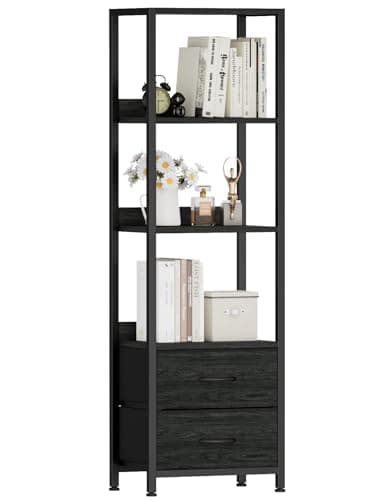Furnulem 4-Tier Corner Bookshelf with Drawers, 57.28” Tall, Standing Shelf Organizer