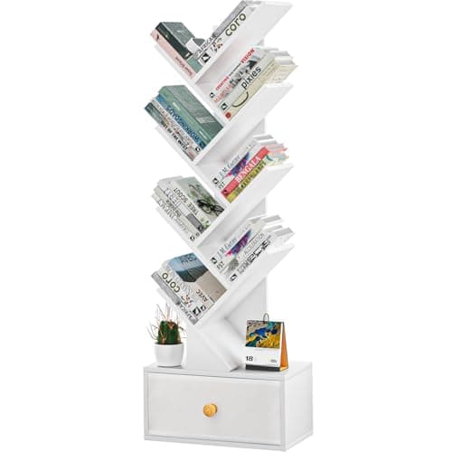 White 8-Tier Tree Bookshelf with Drawer, Free-Standing Wood Bookcase