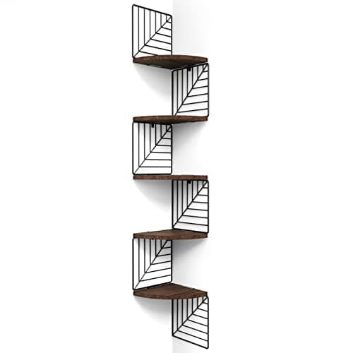 Love-KANKEI Carbonized Black 5-Tier Rustic Wood Wall Mount Corner Shelves