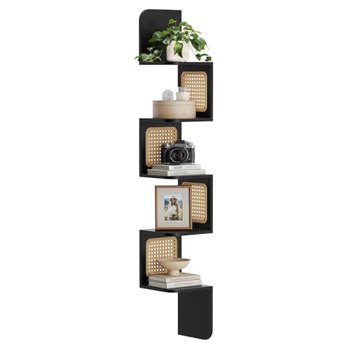 Boho Style 5-Tier Corner Shelf with Rattan Sides for Kitchen, Living Room, Bedroom