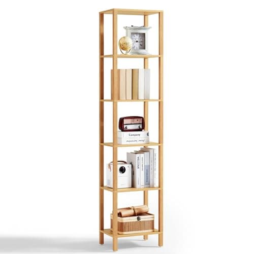 66in Tall Narrow Bookshelf with Storage, Farmhouse Style, Wood Display Shelf for Living Room, Natural Wood