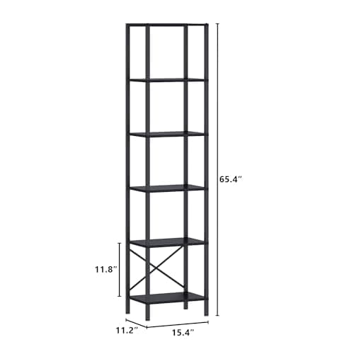 6-Tier Tall Narrow Bookshelf with LED Lights, Black Steel Frame