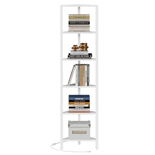 TUTOTAK Rustic Brown 5-Tier LED Corner Shelf for Small Spaces