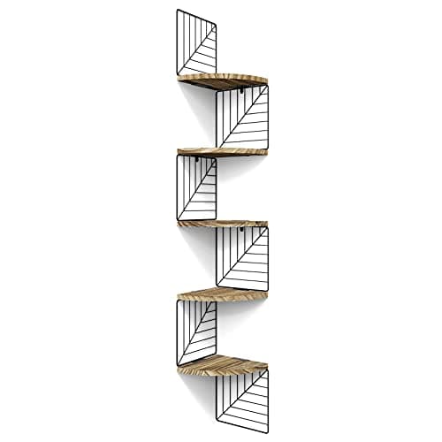 Love-KANKEI Carbonized Black 5-Tier Rustic Wood Wall Mount Corner Shelves