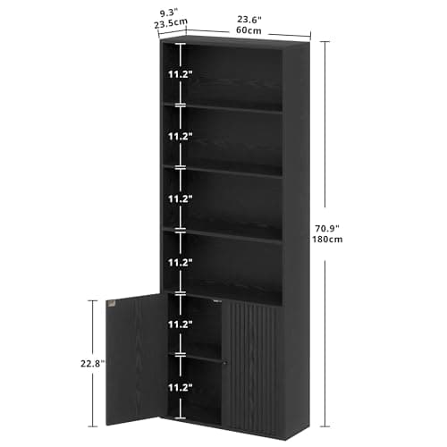 Ironck 6-Tier Tall Black Bookshelf with Doors and Storage for Home Office and Living Room