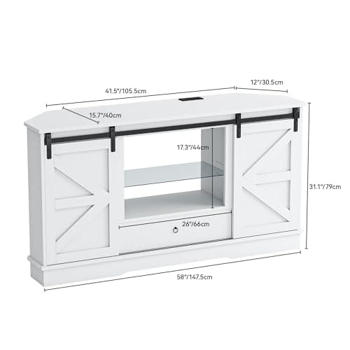 DWVO 65-Inch Corner TV Stand with Sliding Barn Door, Power Outlet, and LED Light - White Media Console, 15.7D x 58W x 31.1H