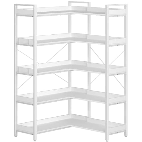 Rolanstar 5-Tier Industrial Wooden Bookshelf with Hooks, White