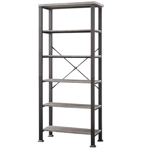 HOMBAZAAR Grey Industrial 6 Tier Bookshelf for Living Room, Office, Bedroom, Kitchen