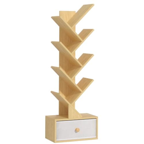 Natural 8-Tier Standing Wood Bookshelf with Drawer for Narrow Spaces