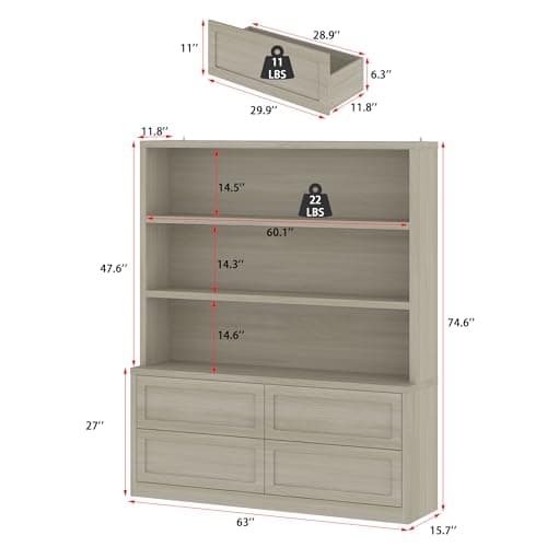 Homsee Grey 3-Tier Drawer Bookshelf, Wooden Display Cabinet, 11.8" D x 63" W
