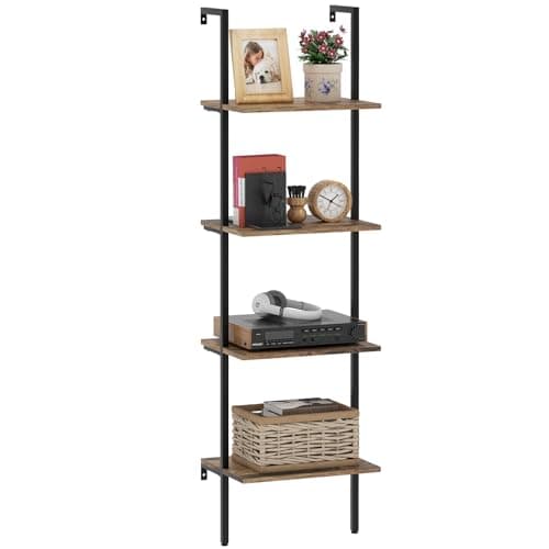 Industrial Brown 4-Tier Metal Bookshelf with Wall Mount Storage Rack
