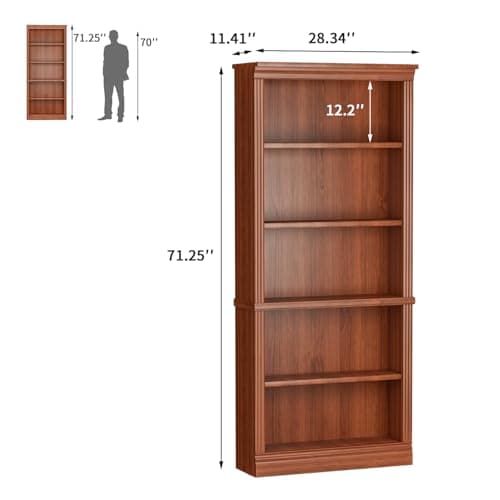 Furniwell Cherry 5-Shelf Tall Wood Bookcase, Large Storage for Library, Bedroom, Living Room