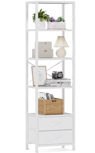 Furnulem 4-Tier Corner Bookshelf with Drawers, 57.28” Tall, Standing Shelf Organizer