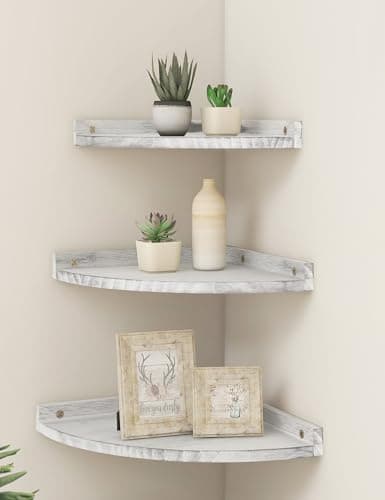 Rustic Distressed White Corner Shelves for Living Room & Kitchen
