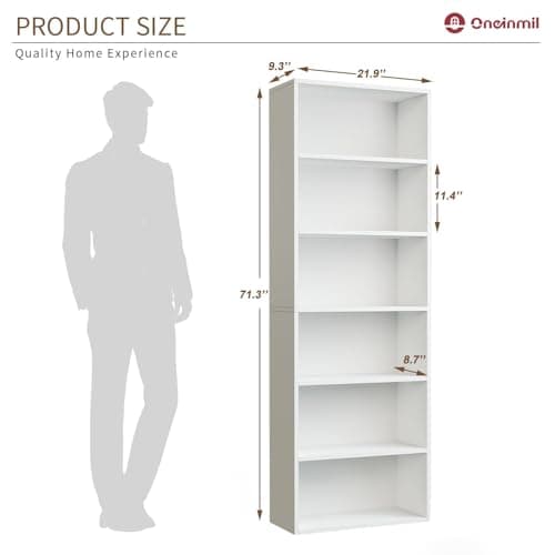 Oneinmil 6-Tier Floor Standing Bookshelf, White, Home Office Decor