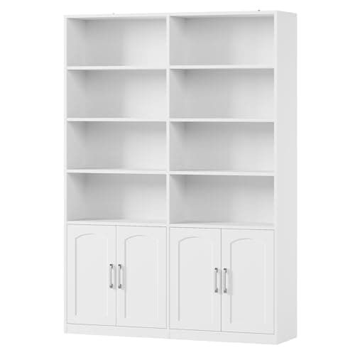 Double Wide 6 Tier White Bookshelf with Doors & Storage Cabinets for Home Office