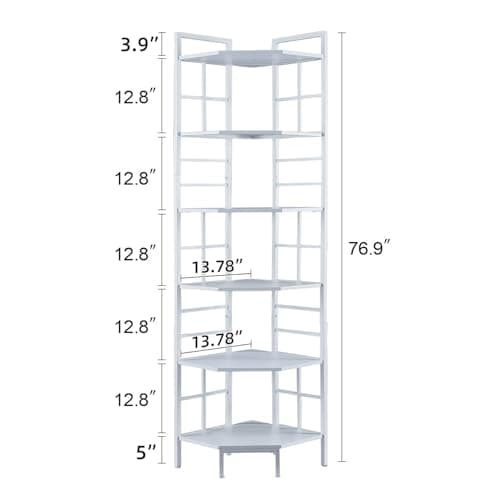 HOMISSUE Industrial Corner Bookshelf, 6 Tier White Storage