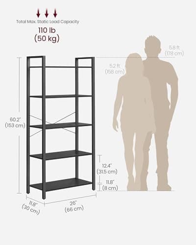 VASAGLE 5-Tier Industrial Style Bookshelf, Ebony & Ink Black, Living Room, Home Office ULLS061B56