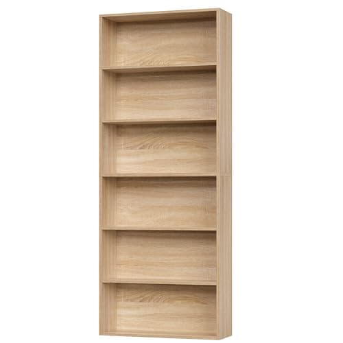Fotosok Light Oak 6-Tier Bookshelf for Bedroom, Living Room & Office