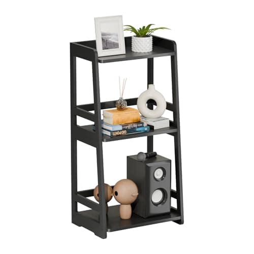 3-Tier Black Ladder Bookshelf, Solid Wood Storage Organizer for Bathroom & Living Room