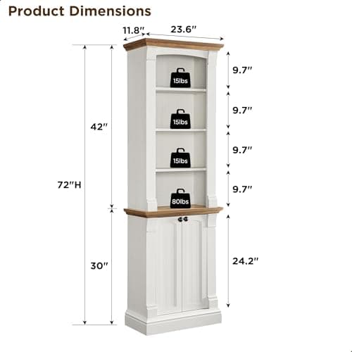 OKD Antique White 72" Tall 4-Tier Storage Bookcase
