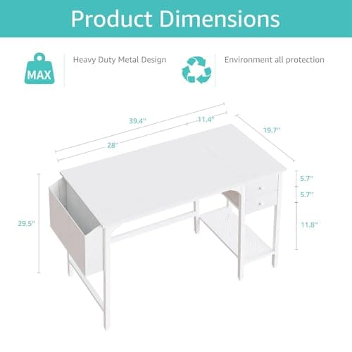 White Small Desk with Drawers - 40 Inch Computer Desk for Small Home Office