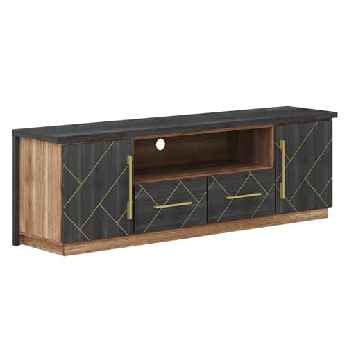 BELLEZE 70 Inch Modern TV Stand with Gold Trim & Storage for Living Room & Home Theater